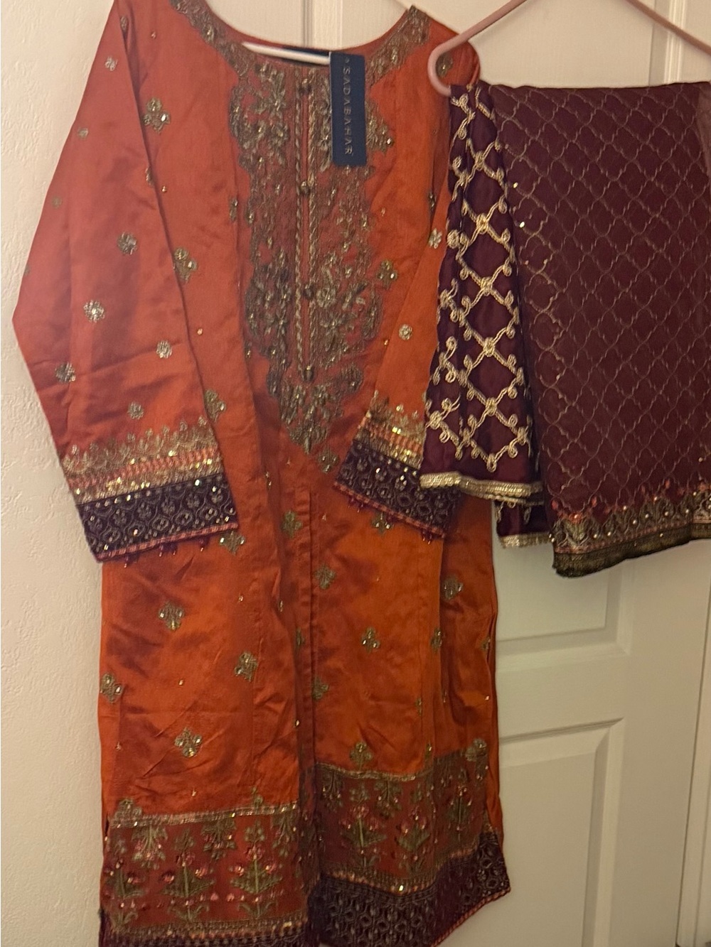Orange Embroidered Wedding Dress with Purple Accents